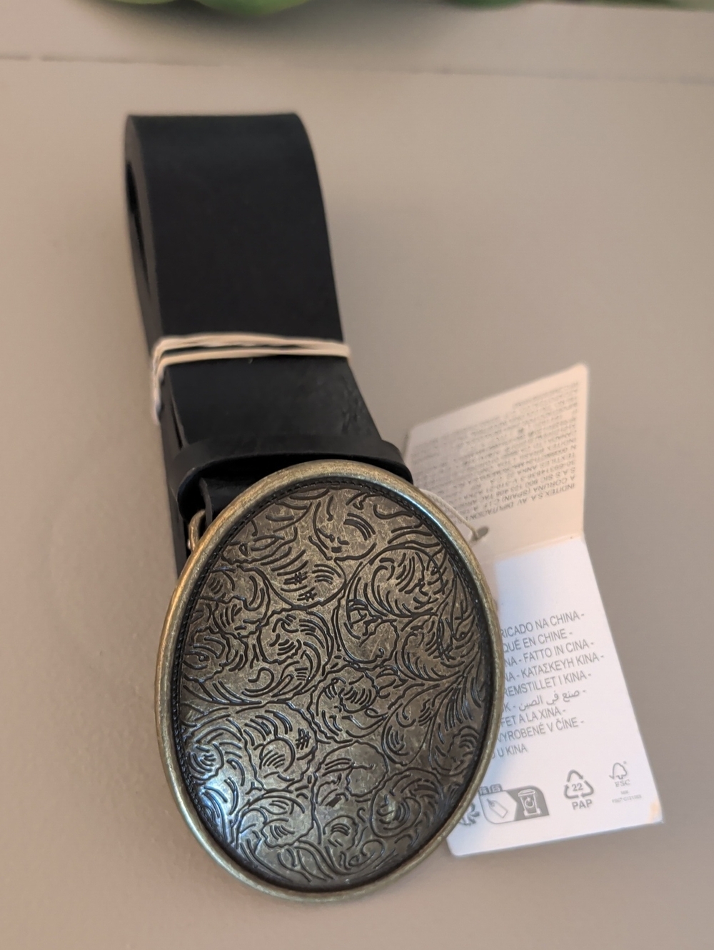 Zara Women's Black Leather Belt with Ornate Antique Brass Oval Buckle